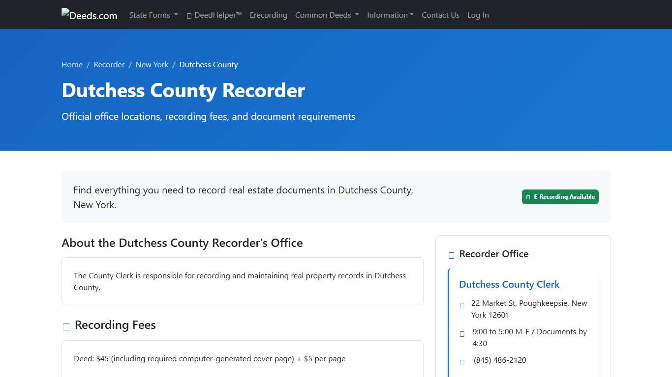Dutchess County Recorder Information, New York - Deeds.com