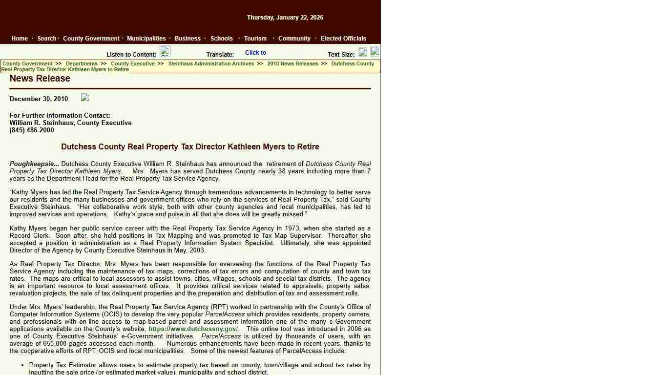 County Executive:News Releases:Dutchess County Real Property Tax Director Kathleen Myers to Retire